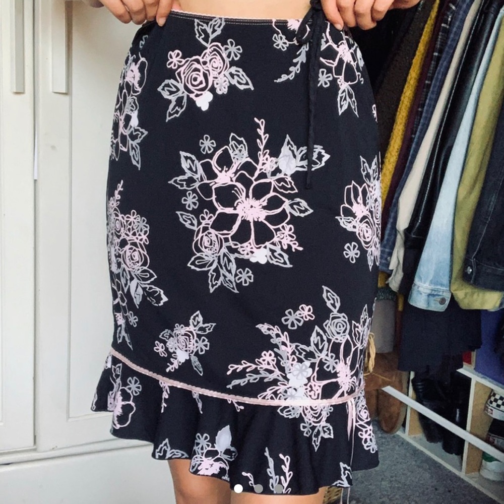 black and pink floral midi skirt